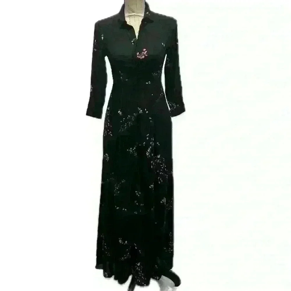 ZARA Black Maxi Button Up Dress Cherry Blossom 3/4 Sleeve & Pockets Size Small